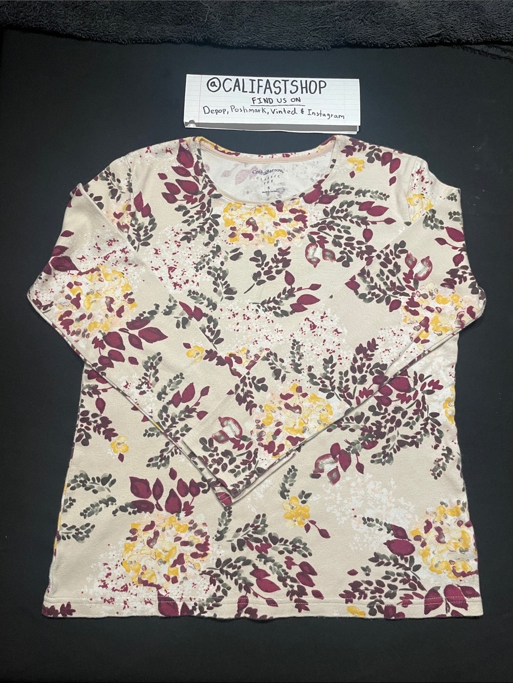 croft & barrow Cream Floral Long Sleeve Tee with Magenta & Yellow Accents